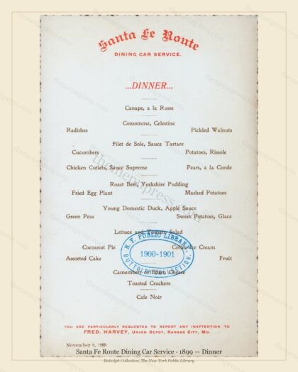 Vintage menu preview — 1899 Vintage Dinner Menu — Santa Fe Route Dining Car Service, American Rail Dini
