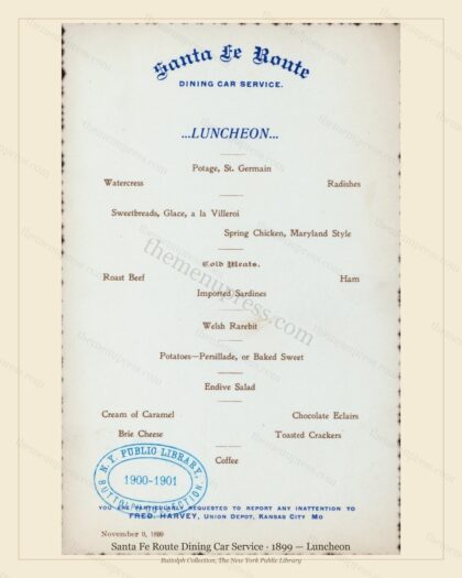 Vintage menu preview — 1899 Vintage Lunch Menu — Santa Fe Route Dining Car Service, American Rail Dinin
