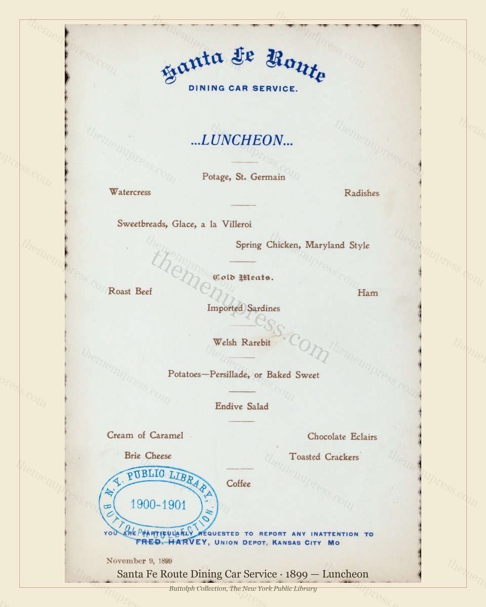 Vintage menu preview — 1899 Vintage Lunch Menu — Santa Fe Route Dining Car Service, American Rail Dinin