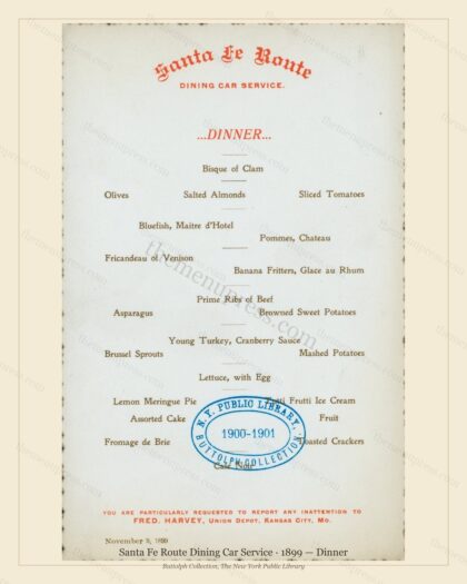 Vintage menu preview — 1899 Vintage Dinner Menu — Santa Fe Route Dining Car Service, American Rail Dini