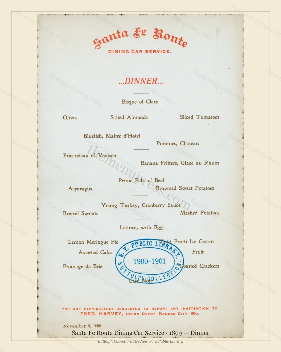 Vintage menu preview — 1899 Vintage Dinner Menu — Santa Fe Route Dining Car Service, American Rail Dini