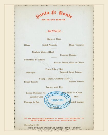Santa Fe Route Dining Car Service · 1899 — Dinner