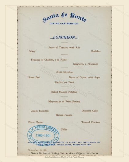Vintage menu preview — 1899 Vintage Lunch Menu — Santa Fe Route Dining Car Service, American Rail Dinin