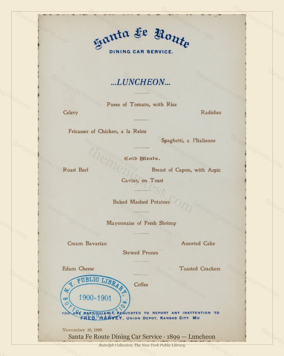 Vintage menu preview — 1899 Vintage Lunch Menu — Santa Fe Route Dining Car Service, American Rail Dinin