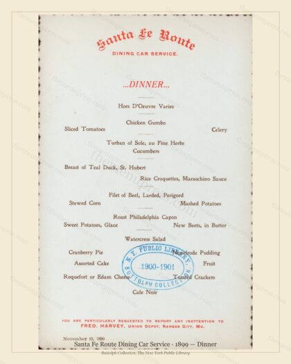 Vintage menu preview — 1899 Vintage Dinner Menu — Santa Fe Route Dining Car Service, American Rail Dini