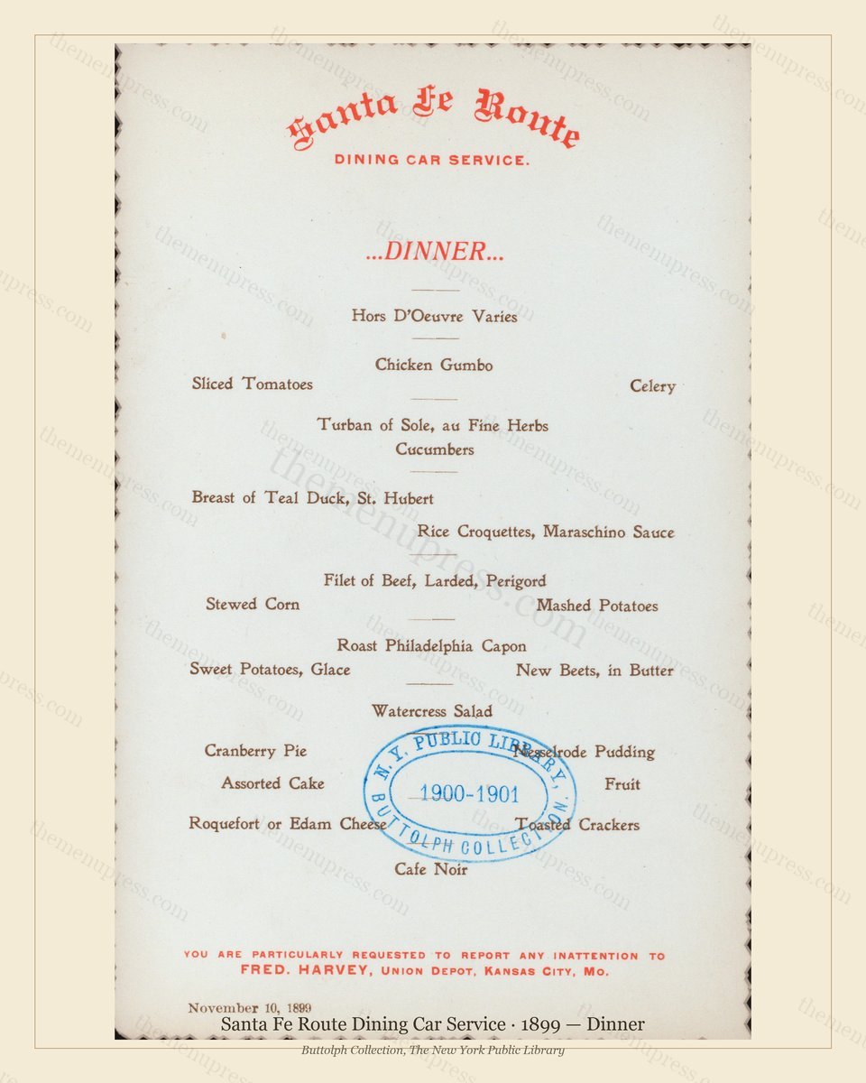 Vintage menu preview — 1899 Vintage Dinner Menu — Santa Fe Route Dining Car Service, American Rail Dini