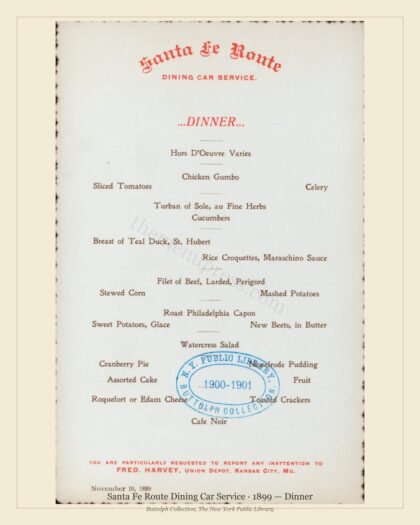 Santa Fe Route Dining Car Service · 1899 — Dinner