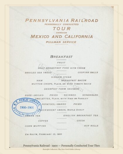 Vintage menu preview — 1900 Vintage Breakfast Menu — Pennsylvania Railroad, American Rail Dining Car (C