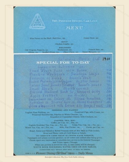 Vintage menu preview — 1900 Vintage Dining Car Menu — Pioneer Dining Car Line, American Rail Dining Car