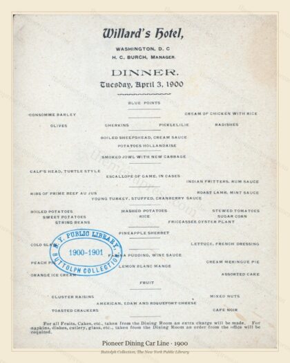 Vintage menu preview — 1900 Vintage Dining Car Menu — Pioneer Dining Car Line, American Rail Dining Car