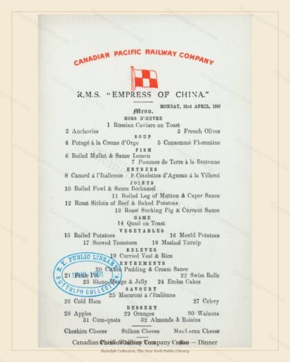 Vintage menu preview — 1900 Vintage Dinner Menu — Canadian Pacific Railway, American Rail Dining Car