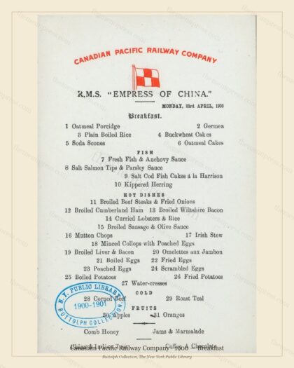 Vintage menu preview — 1900 Vintage Breakfast Menu — Canadian Pacific Railway, American Rail Dining Car