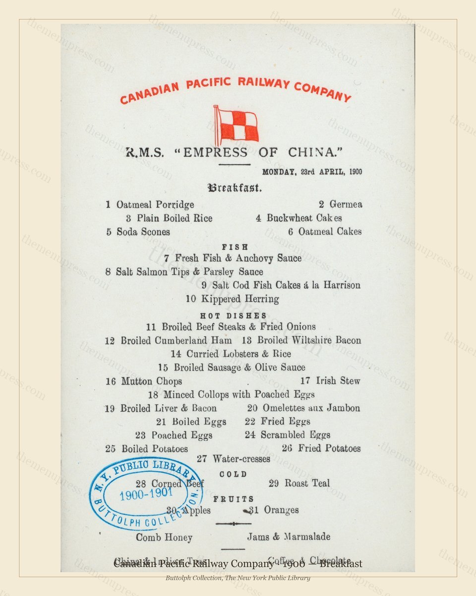 Vintage menu preview — 1900 Vintage Breakfast Menu — Canadian Pacific Railway, American Rail Dining Car