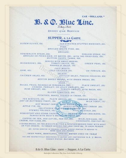 Vintage menu preview — 1900 Vintage Supper Menu — B.& O. Blue Line, American Rail Dining Car (Compl