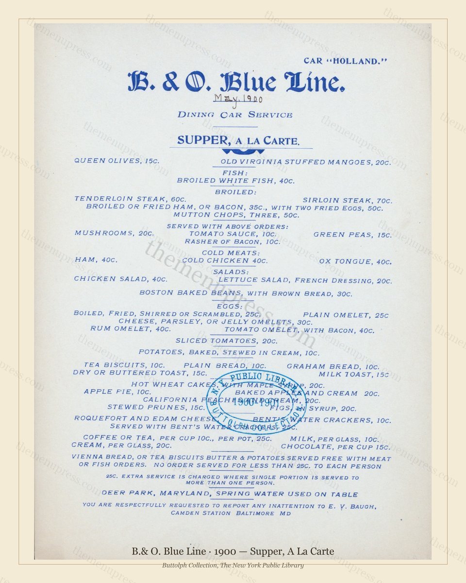Vintage menu preview — 1900 Vintage Supper Menu — B.& O. Blue Line, American Rail Dining Car (Compl