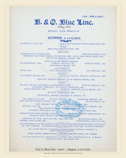 B.& O. Blue Line · 1900 — Supper, A La Carte