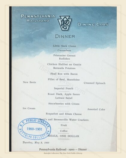 Vintage menu preview — 1900 Vintage Dinner Menu — Pennsylvania Railroad, American Rail Dining Car