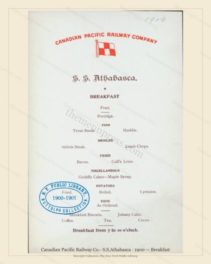 Vintage menu preview — 1900 Vintage Breakfast Menu — Canadian Pacific Railway Co.- S.S.A, American Rail