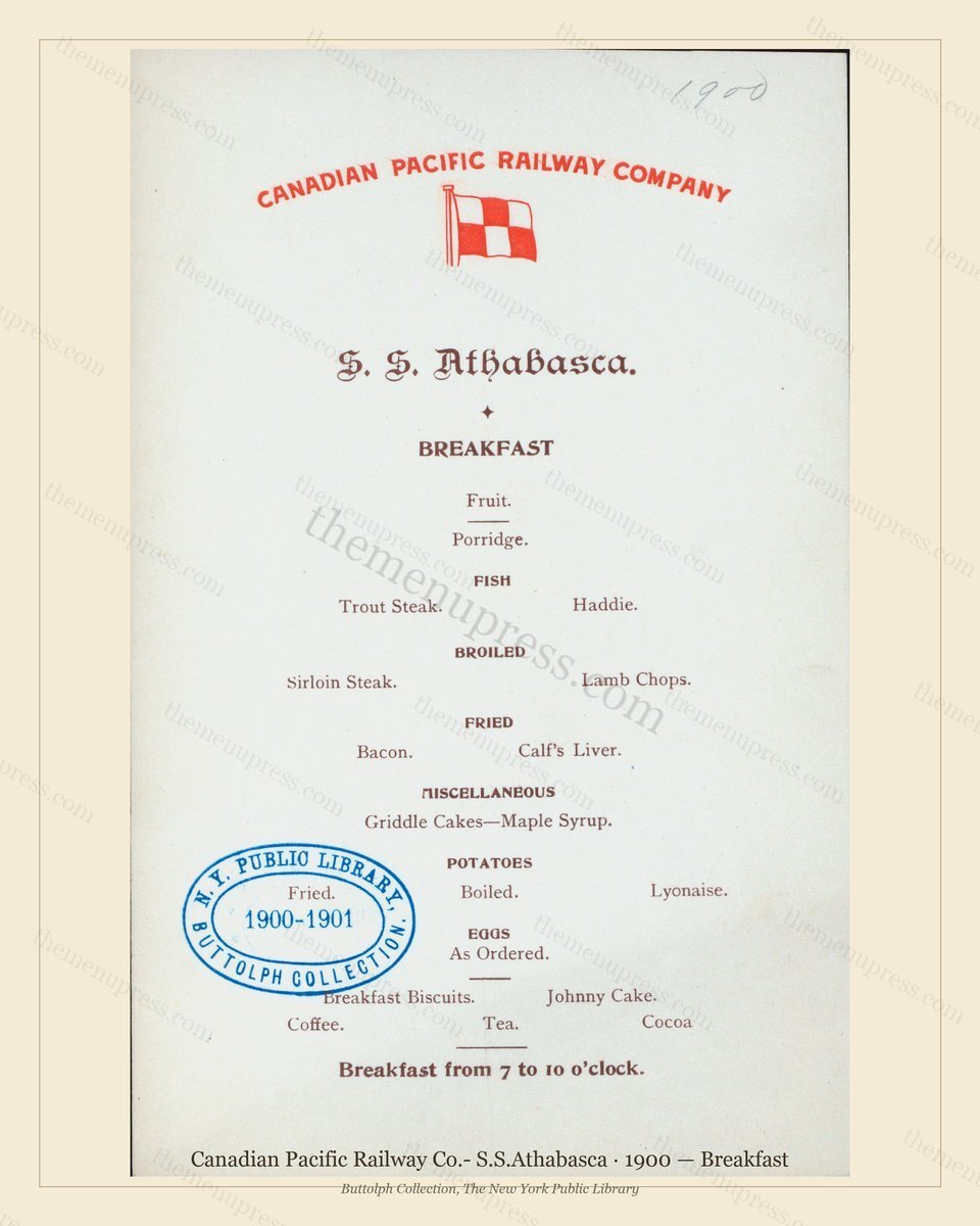 Vintage menu preview — 1900 Vintage Breakfast Menu — Canadian Pacific Railway Co.- S.S.A, American Rail