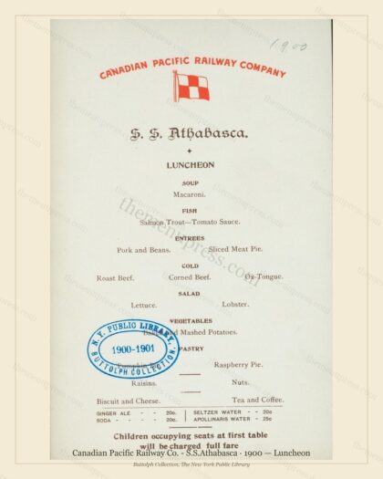 Vintage menu preview — 1900 Vintage Lunch Menu — Canadian Pacific Railway Co. - S.S., American Rail Din