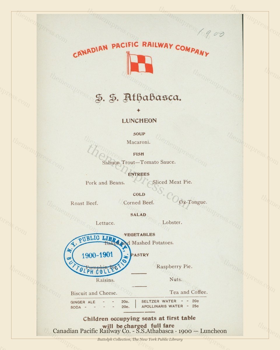 Vintage menu preview — 1900 Vintage Lunch Menu — Canadian Pacific Railway Co. - S.S., American Rail Din
