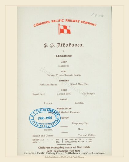 Canadian Pacific Railway Co. - S.S.Athabasca · 1900 — Luncheon
