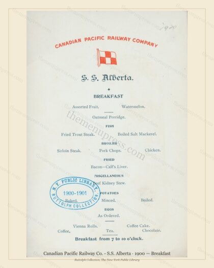 Vintage menu preview — 1900 Vintage Breakfast Menu — Canadian Pacific Railway Co. - S.S., American Rail