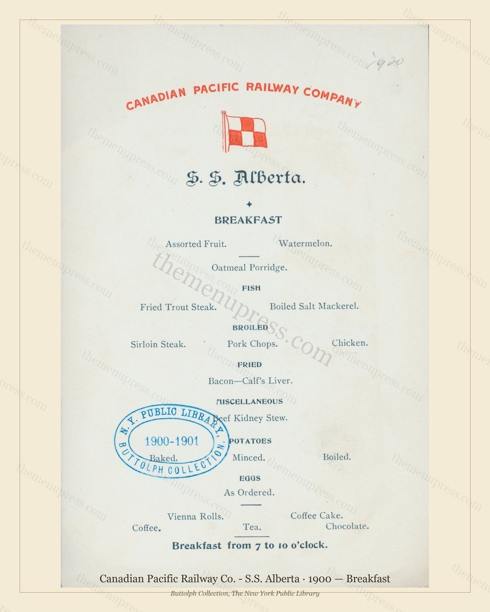 Vintage menu preview — 1900 Vintage Breakfast Menu — Canadian Pacific Railway Co. - S.S., American Rail