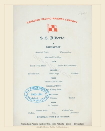 Canadian Pacific Railway Co. - S.S. Alberta · 1900 — Breakfast