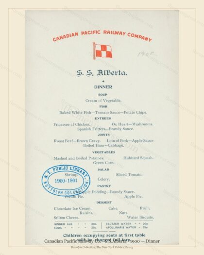 Vintage menu preview — 1900 Vintage Dinner Menu — Canadian Pacific Railway Co. - S.S., American Rail Di