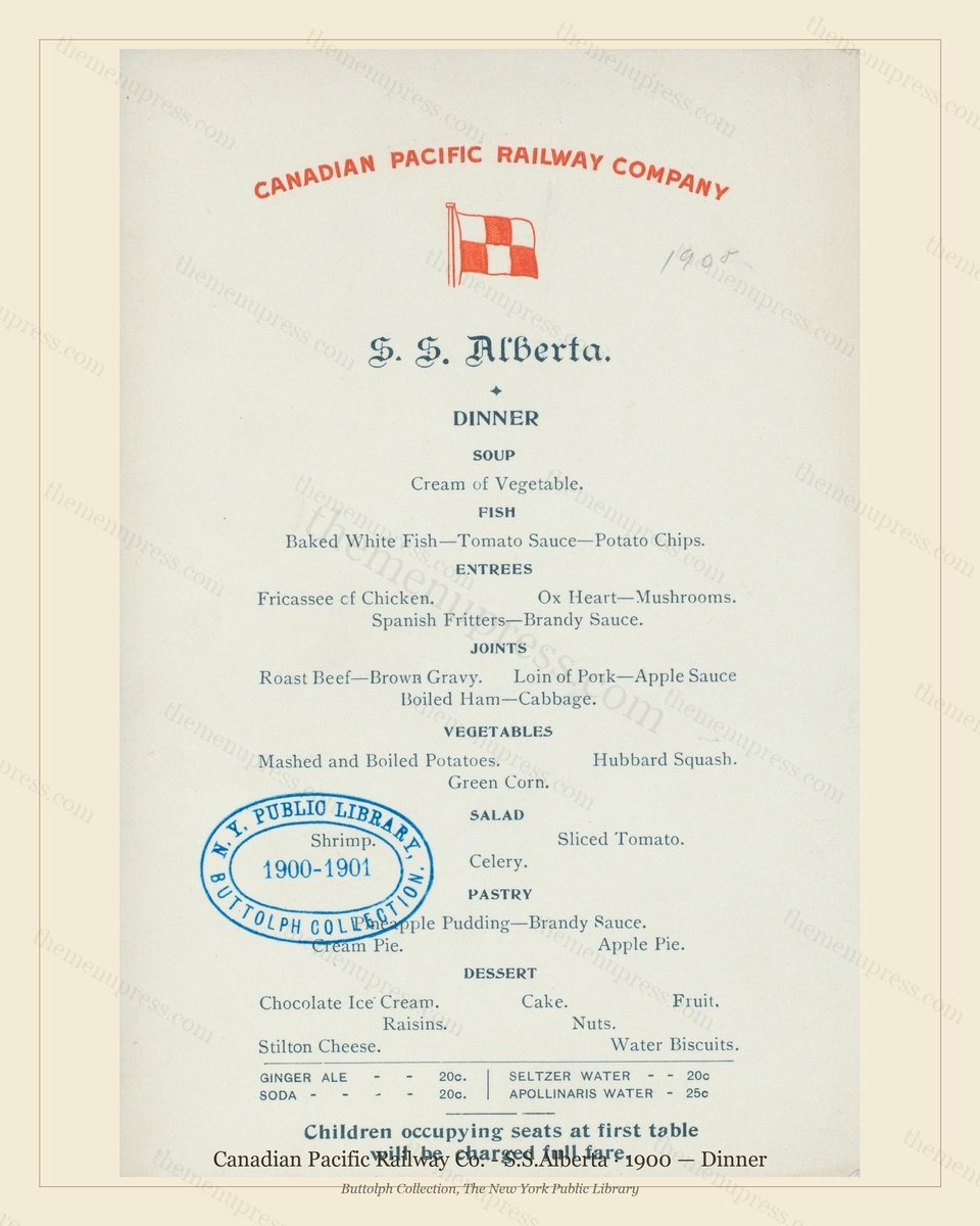 Vintage menu preview — 1900 Vintage Dinner Menu — Canadian Pacific Railway Co. - S.S., American Rail Di