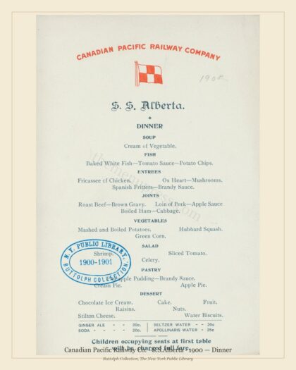 Canadian Pacific Railway Co. - S.S.Alberta · 1900 — Dinner