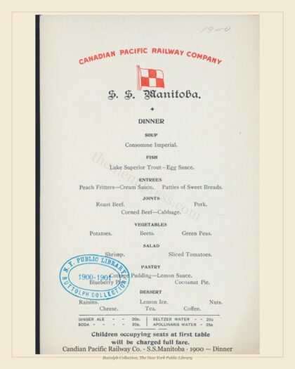 Candian Pacific Railway Co. - S.S.Manitoba · 1900 — Dinner