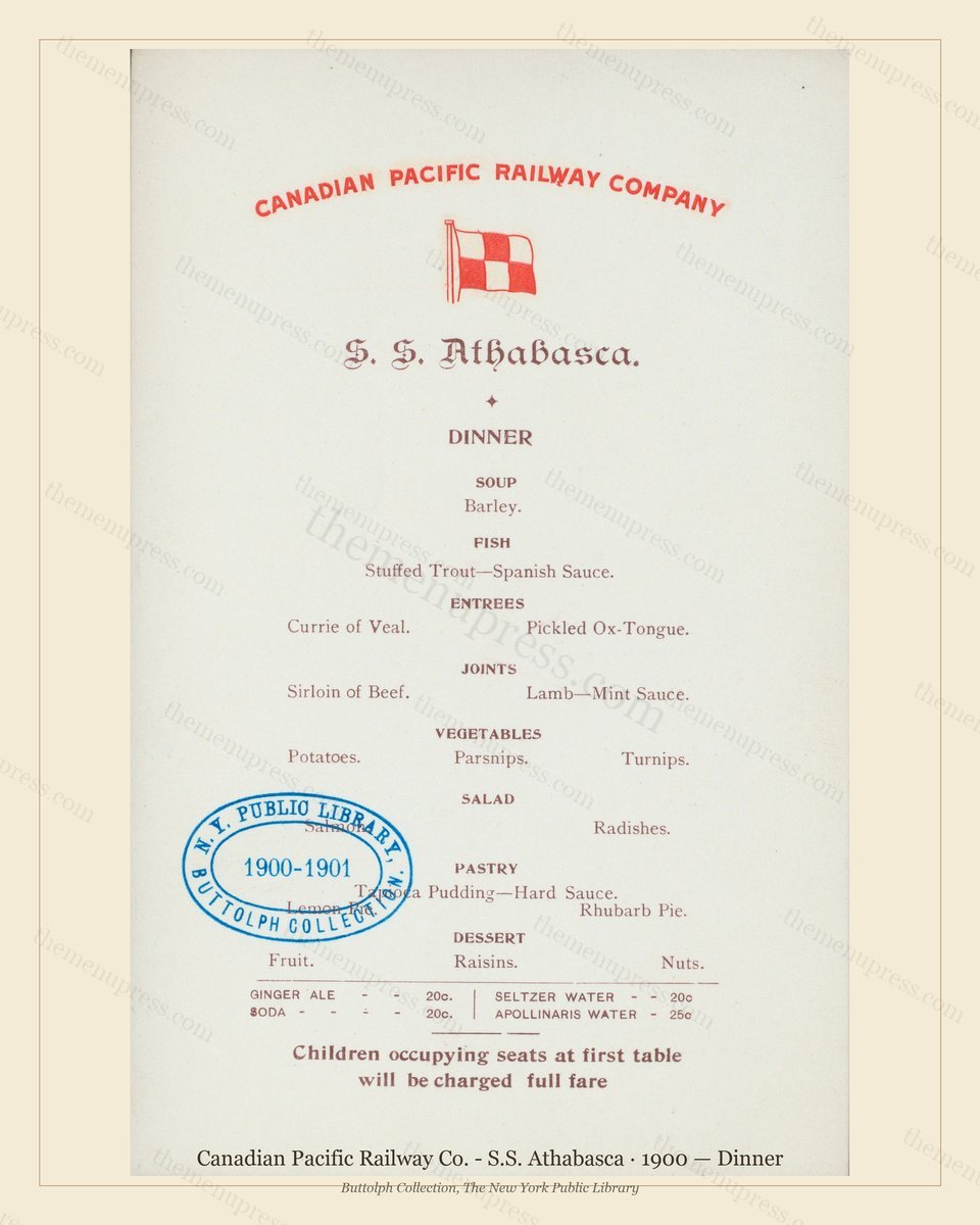 Vintage menu preview — 1900 Vintage Dinner Menu — Canadian Pacific Railway Co. - S.S., American Rail Di