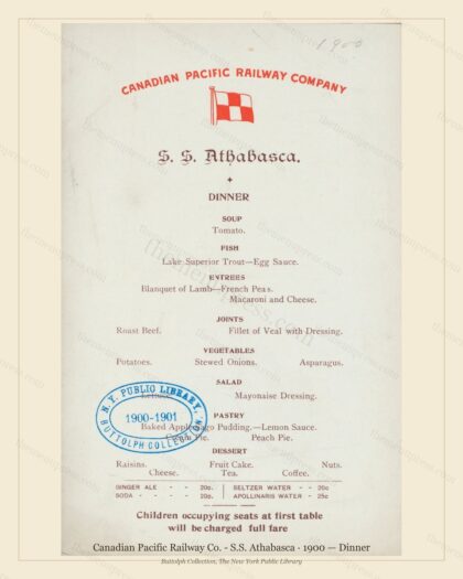 Vintage menu preview — 1900 Vintage Dinner Menu — Canadian Pacific Railway Co. - S.S., American Rail Di