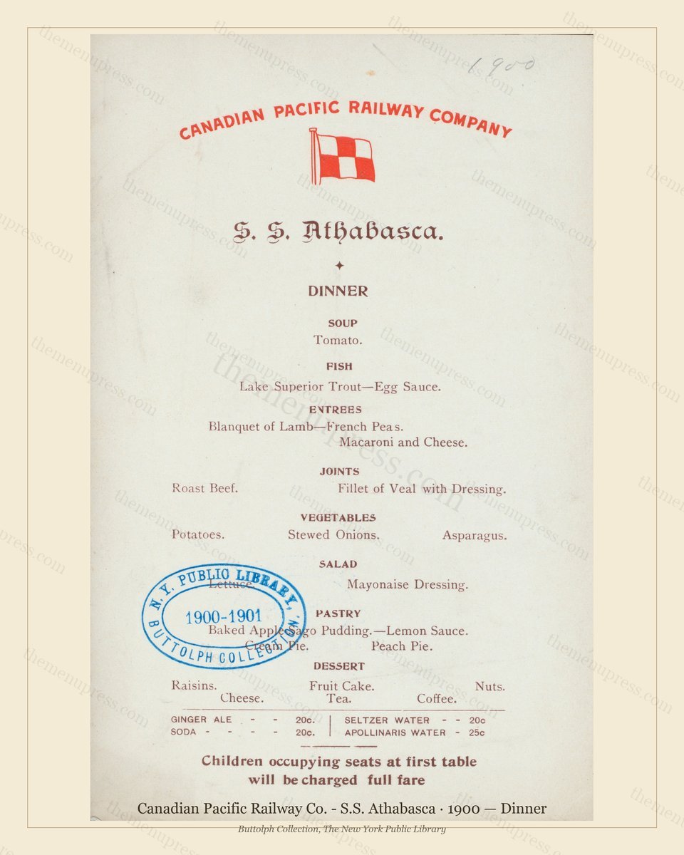 Vintage menu preview — 1900 Vintage Dinner Menu — Canadian Pacific Railway Co. - S.S., American Rail Di