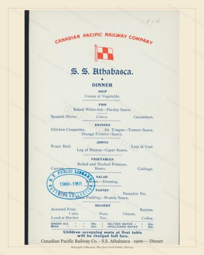 Vintage menu preview — 1900 Vintage Dinner Menu — Canadian Pacific Railway Co. - S.S., American Rail Di