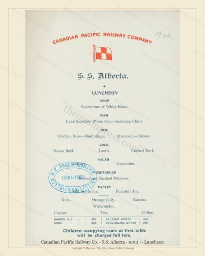 Vintage menu preview — 1900 Vintage Lunch Menu — Canadian Pacific Railway Co. - S.S., American Rail Din