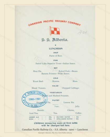 Vintage menu preview — 1900 Vintage Lunch Menu — Canadian Pacific Railway Co. - S.S., American Rail Din