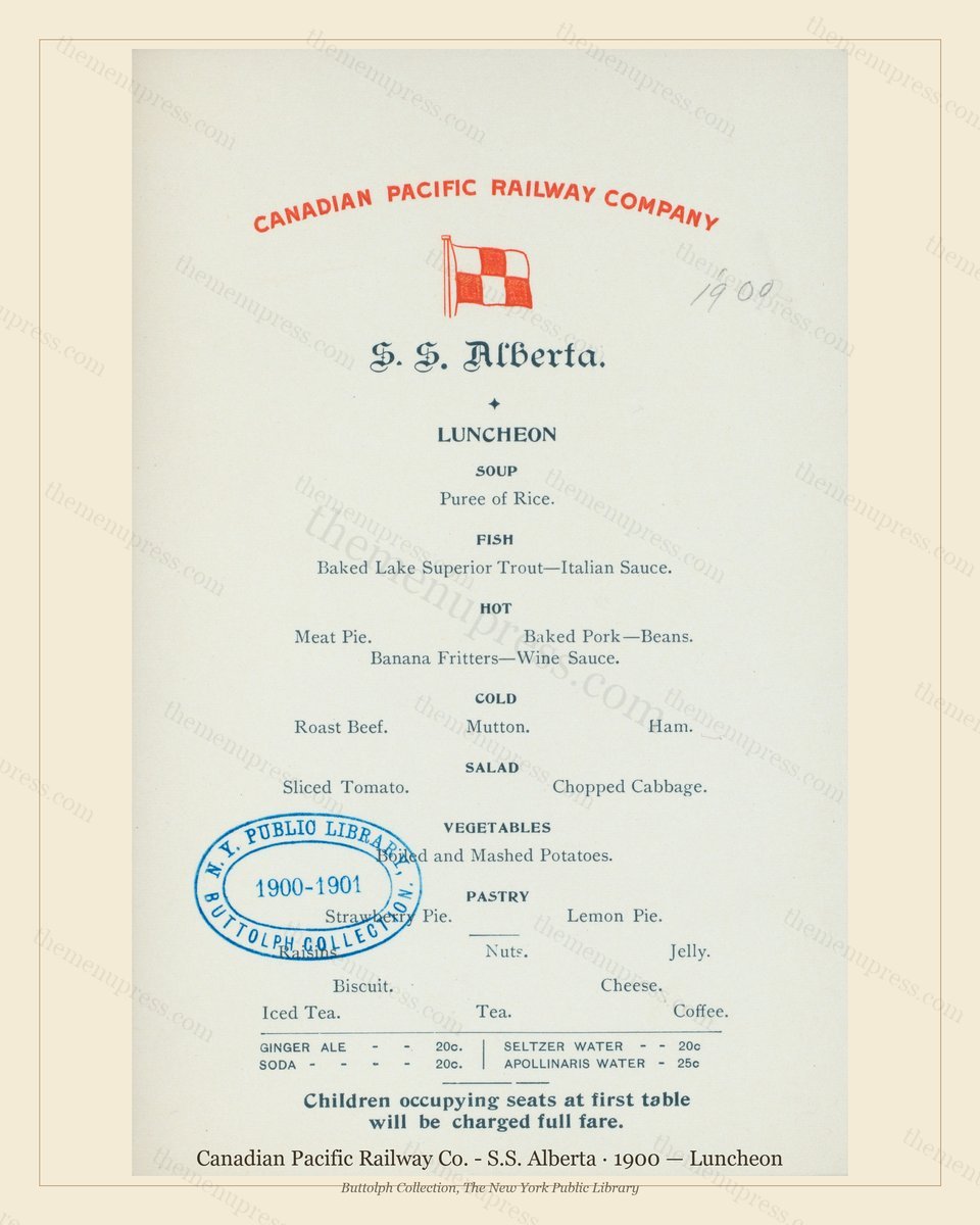 Vintage menu preview — 1900 Vintage Lunch Menu — Canadian Pacific Railway Co. - S.S., American Rail Din