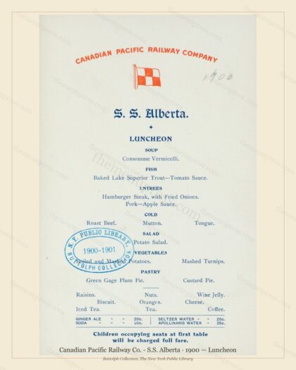 Vintage menu preview — 1900 Vintage Lunch Menu — Canadian Pacific Railway Co. - S.S., American Rail Din