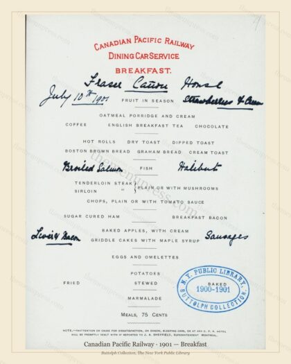 Vintage menu preview — 1901 Vintage Breakfast Menu — Canadian Pacific Railway, American Rail Dining Car