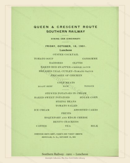 Vintage menu preview — 1901 Vintage Lunch Menu — Southern Railway, American Rail Dining Car (Complete 2