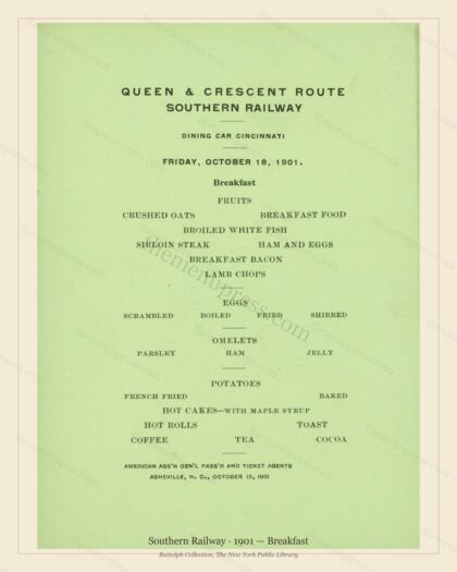 Vintage menu preview — 1901 Vintage Breakfast Menu — Southern Railway, American Rail Dining Car (Comple