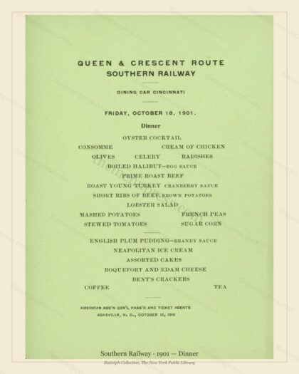 Vintage menu preview — 1901 Vintage Dinner Menu — Southern Railway, American Rail Dining Car (Complete
