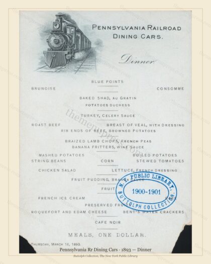 Vintage menu preview — 1893 Vintage Dinner Menu — Pennsylvania Rr Dining Cars, American Rail Dining Car