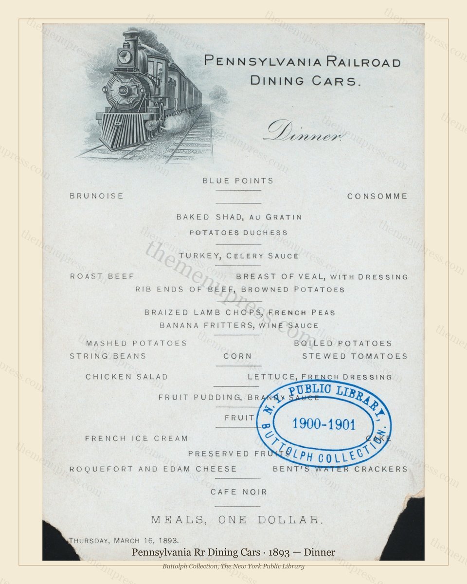 Vintage menu preview — 1893 Vintage Dinner Menu — Pennsylvania Rr Dining Cars, American Rail Dining Car