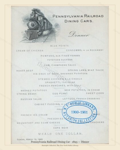 Vintage menu preview — 1893 Vintage Dinner Menu — Pennsylvania Railroad Dining Car, American Rail Dinin