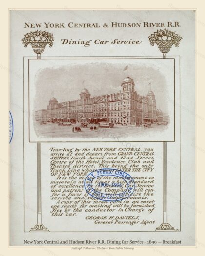 Vintage menu preview — 1899 Vintage Breakfast Menu — New York Central and Hudson River R, American Rail