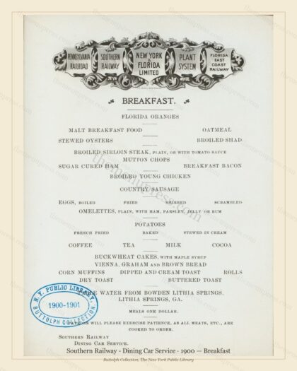 Vintage menu preview — 1900 Vintage Breakfast Menu — Southern Railway - Dining Car Servi, American Rail